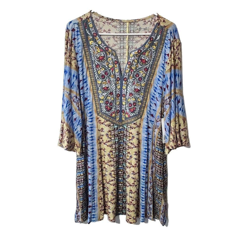 Soft Surroundings Fifi Embroidered‎ Mixed Print Bell Sleeve Tunic Top Large NEW